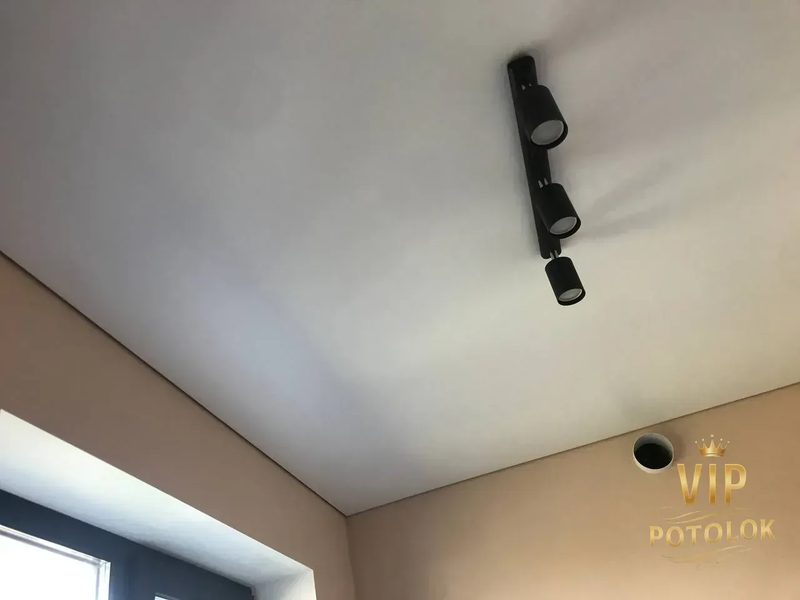 Матова натяжна стеля з чорними поворотними світильниками у кімнаті Харкова